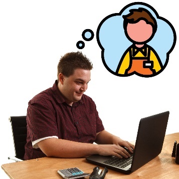 A person using a computer. Above them is a thought bubble that shows them in a work uniform.