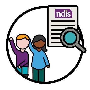 2 people raising their hands and an NDIS document with a review icon.