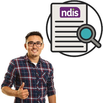 A man giving a thumbs up and an NDIS document with a review icon.
