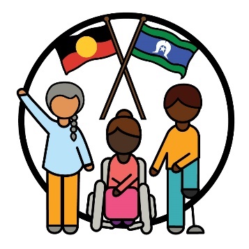 3 people with the Aboriginal and Torres Strait Islander flags above them. 