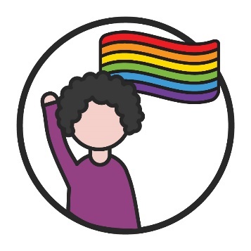 A person raising their arm, above them is the LGBTIQA+ flag.