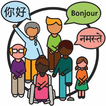 A group of diverse people from the community. 3 people have thought bubbles above them, each one has a different language in it.