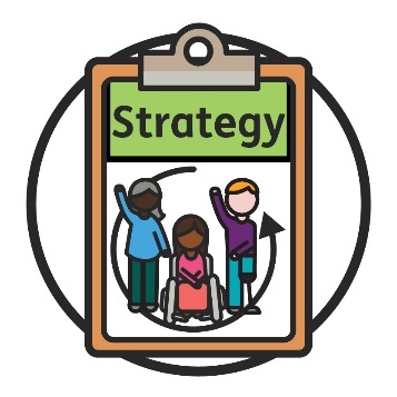 A strategy document with 3 diverse people and an arrow curving around them.