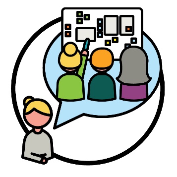 A person with a speech bubble. Inside the speech bubble is a group of people looking at a design chart together.