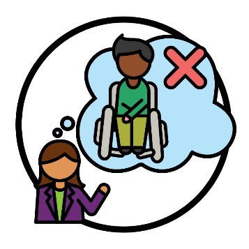 An NDIS worker with a thought bubble. Inside the thought bubble is a person in a wheelchair with a cross.