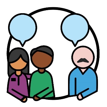2 people next to each other with a speech bubble above their heads. Next to them is a man with a speech bubble above his head.