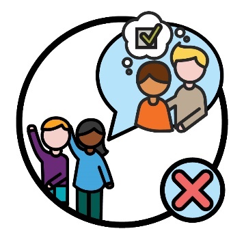 2 people raising their hands with a speech bubble and a cross. Inside the speech bubble is a person being supported by another person, above them is a thought bubble with a decision icon.
