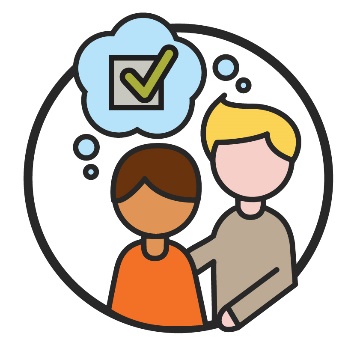 A person being supported by another person. Above them is a thought bubble with a decision icon.