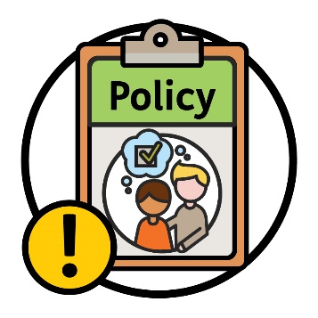 A policy document with a person being supported by another person, above them is a thought bubble with a decision icon. Next to the document is an important icon.