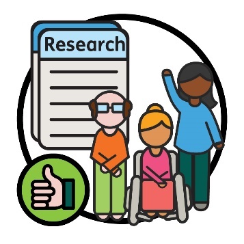 3 people in front of research documents with a thumbs up.