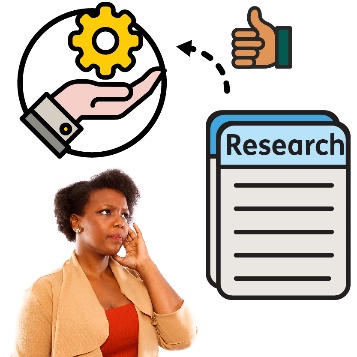 A woman thinking, next to her are research documents with a thumbs up and arrow pointing to a services icon.