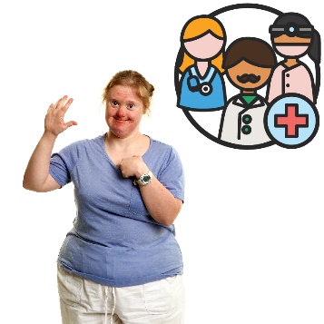 A woman pointing to herself and 3 health care workers and a health icon.