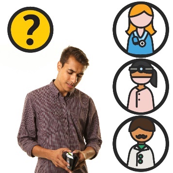 A man looking at his wallet with a question mark above him. Next to him are 3 different health care workers to choose from.