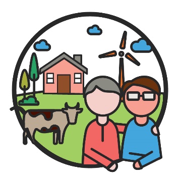 A person and a service provider on a farm with a cow, house and windmill. 