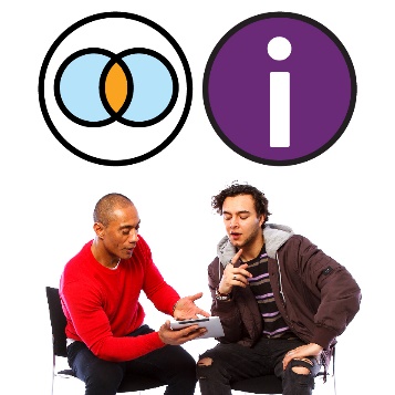 A man explaining something to another man, above their heads is an information icon and intersectionality icon.