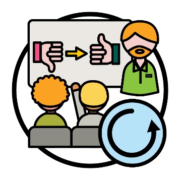 A man in front of a whiteboard that has a thumbs down with an arrow pointing to a thumbs up. In front of him are 2 people, one person is raising their hand. Next to them is an inclusive icon.