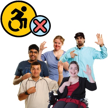 A group of people pointing to themselves and a disability icon with a cross.