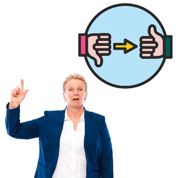 A woman raising her hand to say something. Above her is a thumbs down with an arrow pointing to a thumbs up.