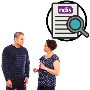 A woman talking to a man, above them is an NDIS document with a review icon.