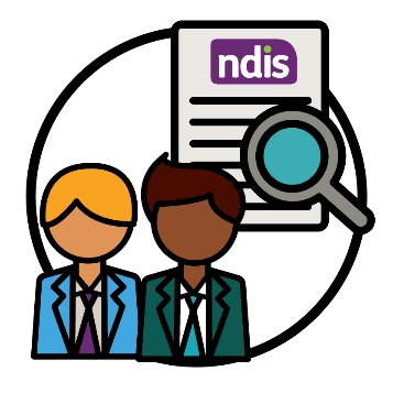 2 business people and an NDIS document with a review icon.