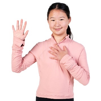 A young person pointing at themselves and raising their hand.