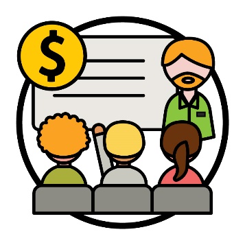 A person giving a presentation to a group of people. Behind them is a large screen that shows a dollar sign.