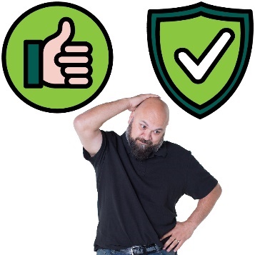 A person looking worried, a thumbs up and a safety icon.
