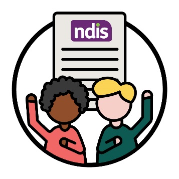 2 people pointing at themselves and raising their hands, and an NDIS plan document.