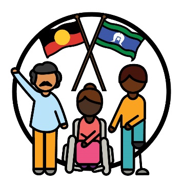 The Aboriginal flag and the Torres Strait Islander flag above 3 people.