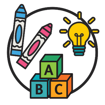 3 icons: 2 crayons, a lightbulb and 3 building blocks that say 'ABC'.