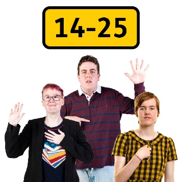 3 young people pointing at themselves beneath a sign that says '14 to 25'.