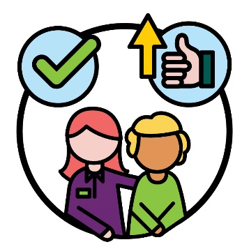 A person supporting someone, a tick, and a thumbs up with an arrow pointing up.