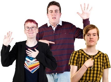 3 young people pointing at themselves. 2 are also raising their hands.