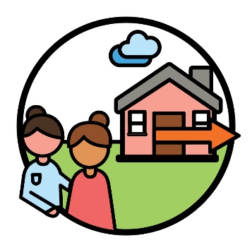 A person supporting someone in front of a house. The house has an arrow coming out of its door.