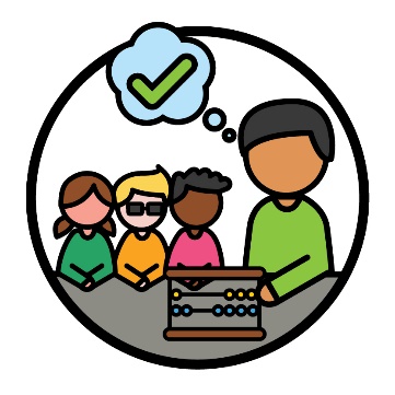 A class of students with disability and developmental delay learning with an abacus from a teacher. The teacher has a thought bubble with a tick in it.