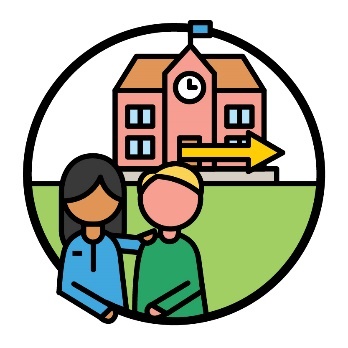 A worker supporting a person with disability in front of a school building with an arrow going out the door.