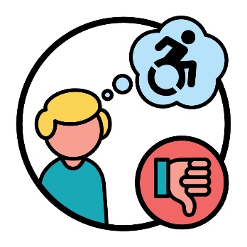 A person with a thought bubble that has a disability icon in it. Next to them is a thumbs down.
