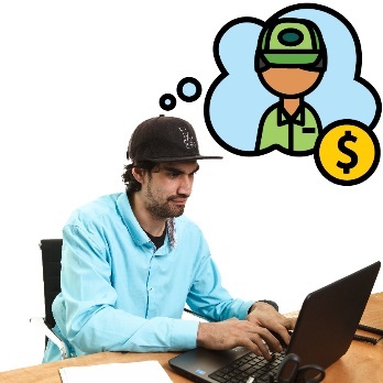 A person with disability using a laptop. They have a thought bubble with a person in work clothes in it and a dollar symbol next to it.
