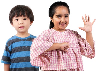 2 children. One child is pointing at themselves and raising their other hand.