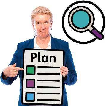 A person pointing to a point on a 'Plan' document. Next to them is a magnifying glass.