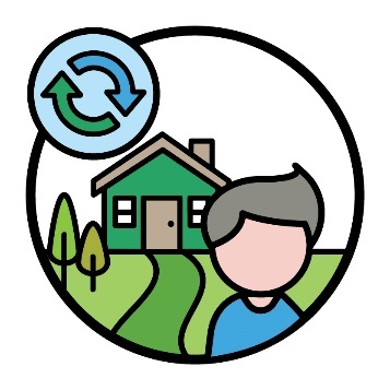 A person in front of a house with a change icon above them.