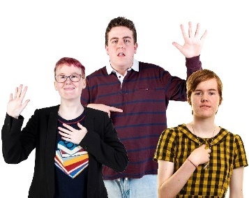 3 young people pointing at themselves. 2 of them are also raising their other hands.