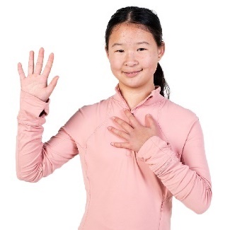 A young person raising their hand and pointing at themselves.
