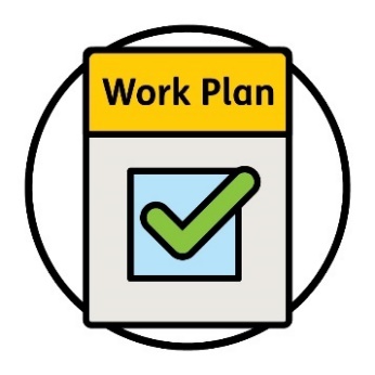 A 'Work Plan' document with a ticked checkbox on it.