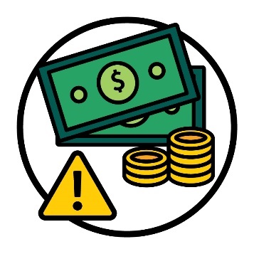 A stack of money with a problem icon next to it.