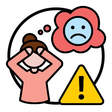 A person with their head in their hands. They have a thought bubble with a sad face in it. Next to them is a problem icon.