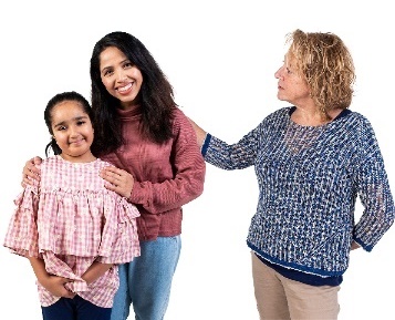 A person supporting a parent and child.