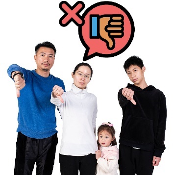 A family giving a thumbs down. They have a speech bubble above them with a thumbs down in it and a cross next to it.