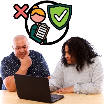 A family using a laptop. Above them is a provider with a safety icon and a cross.