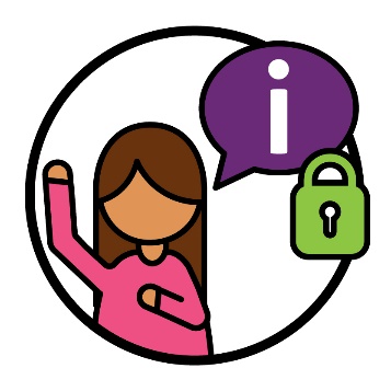 A person pointing to themself with their other hand raised. They have a speech bubble with an information icon in it and a locked padlock next to it.